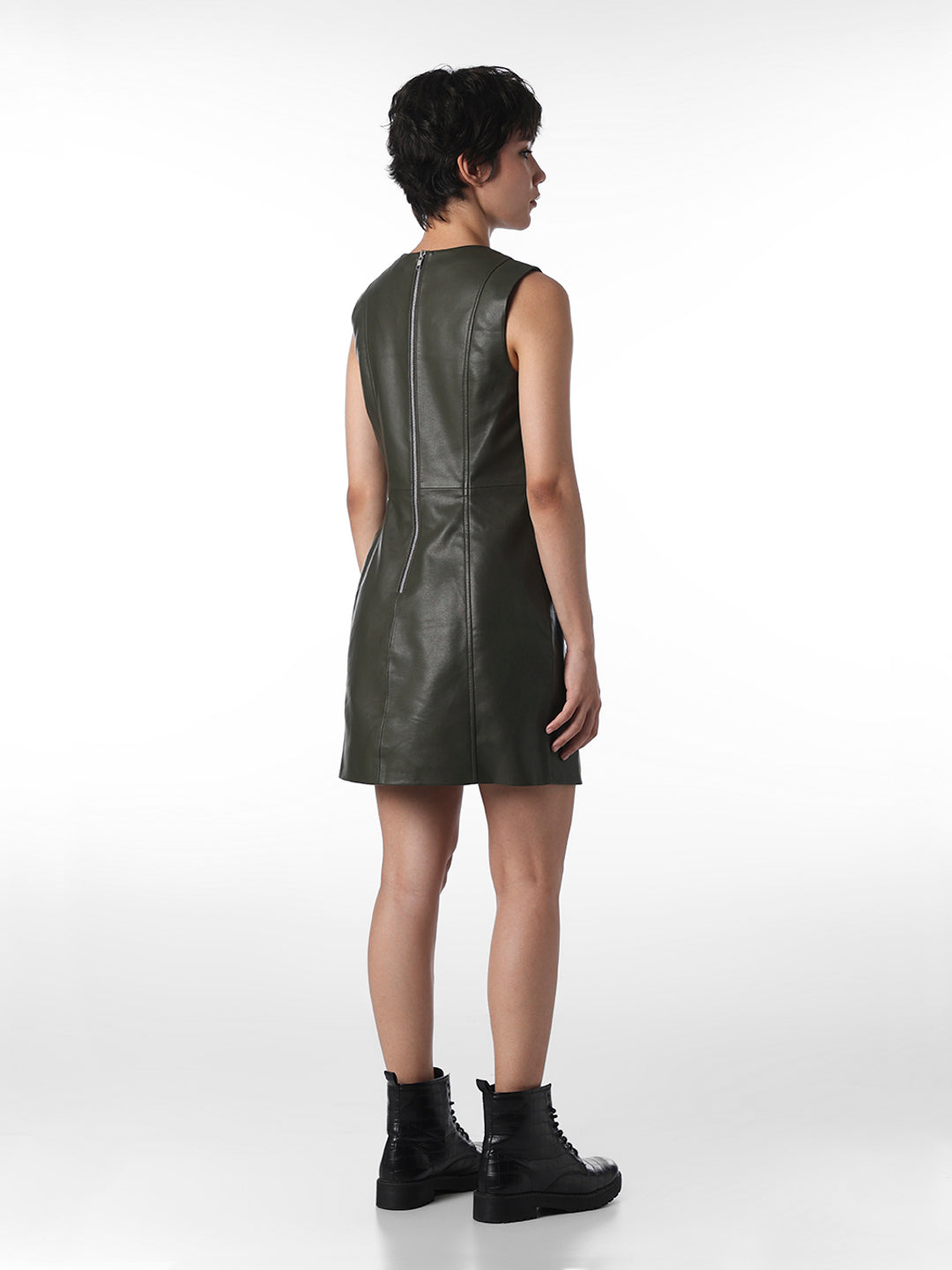 Olive Green Fitted Faux Leather Dress
