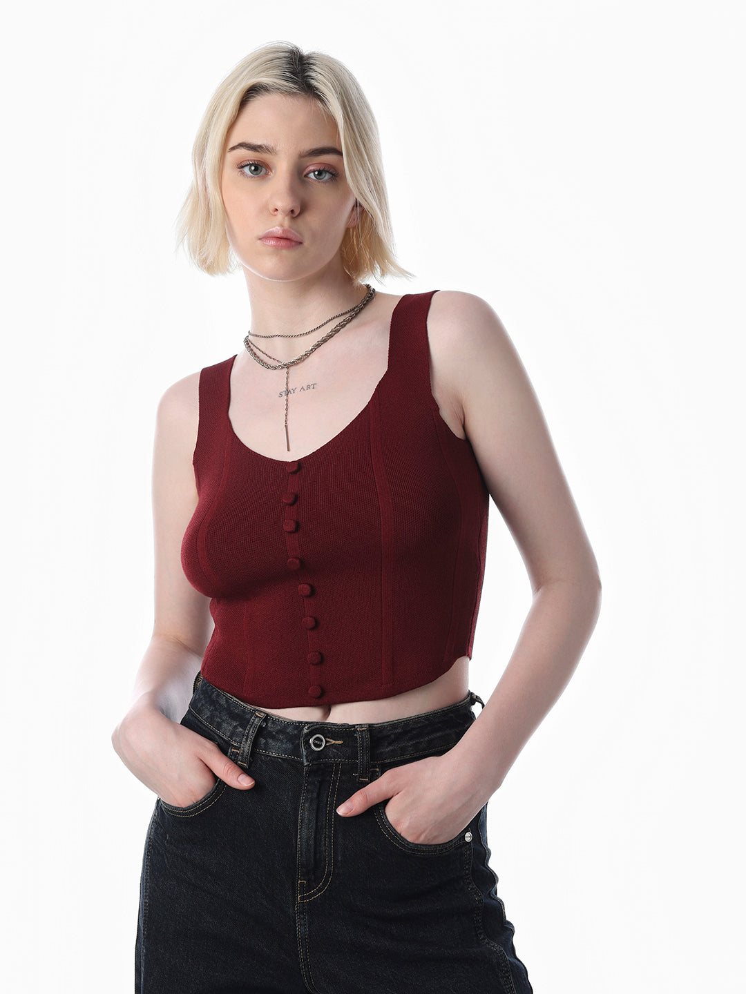 Mini Rib Maroon Maroon Rib-Knit Top