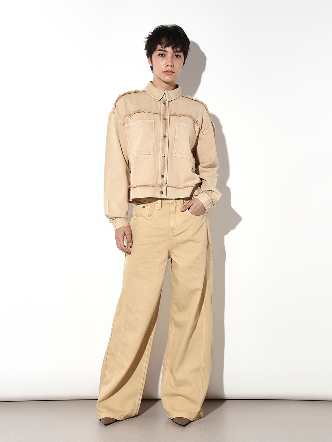 Beige Dress Shirt Dress Pants With Jean Jacket Denim Shacket With