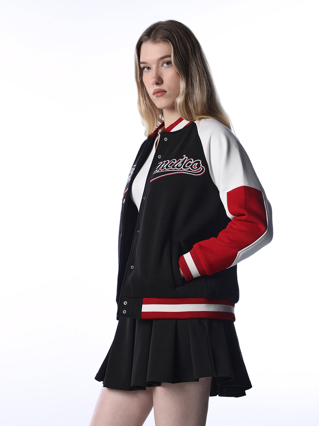Black Colourblocked Varsity Bomber Jacket