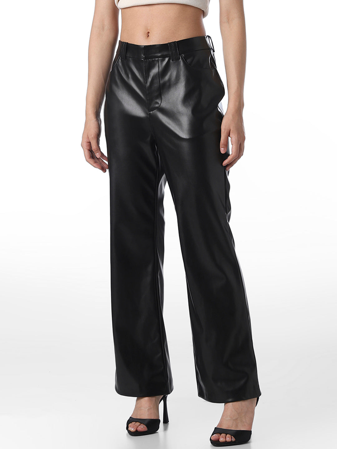Black Straight Fit Leather Pants