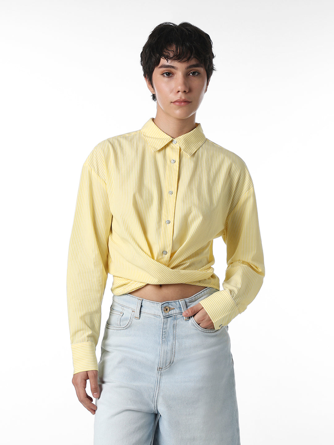 Yellow Front Twist Cotton Shirt