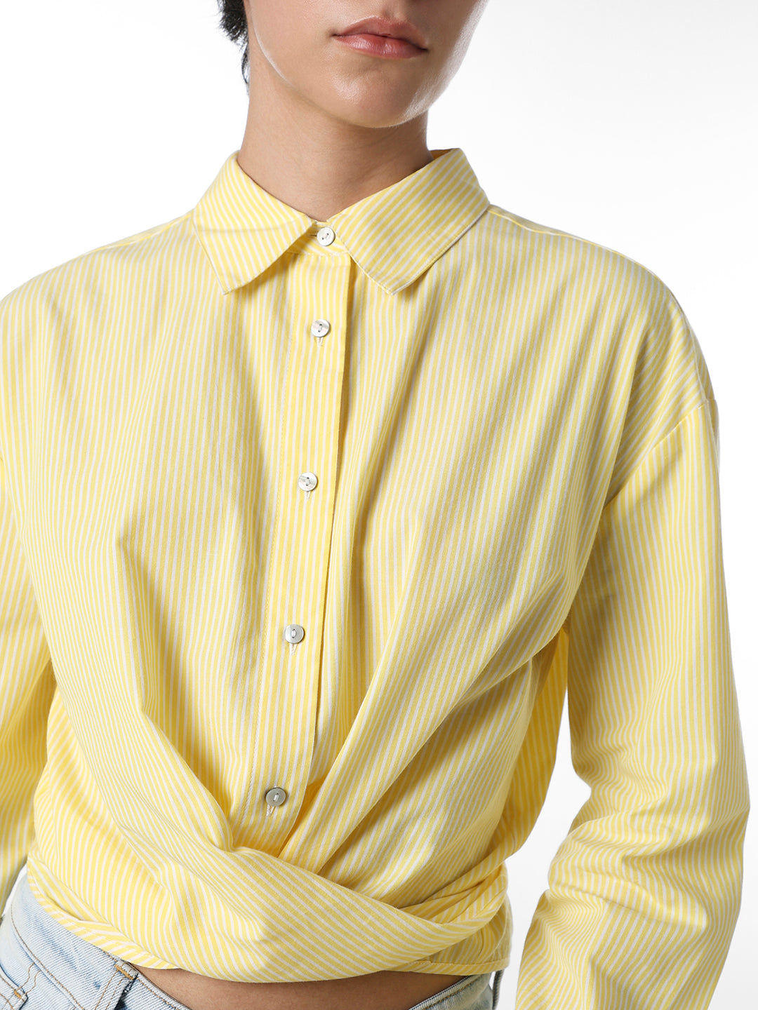Yellow Front Twist Cotton Shirt