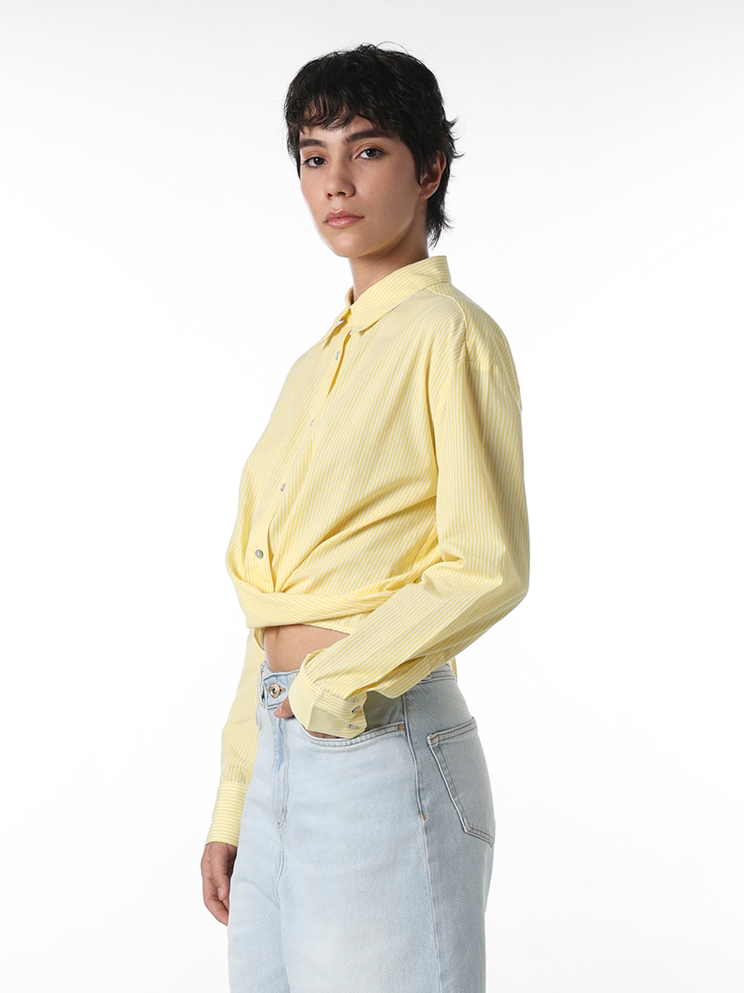 Yellow Front Twist Cotton Shirt