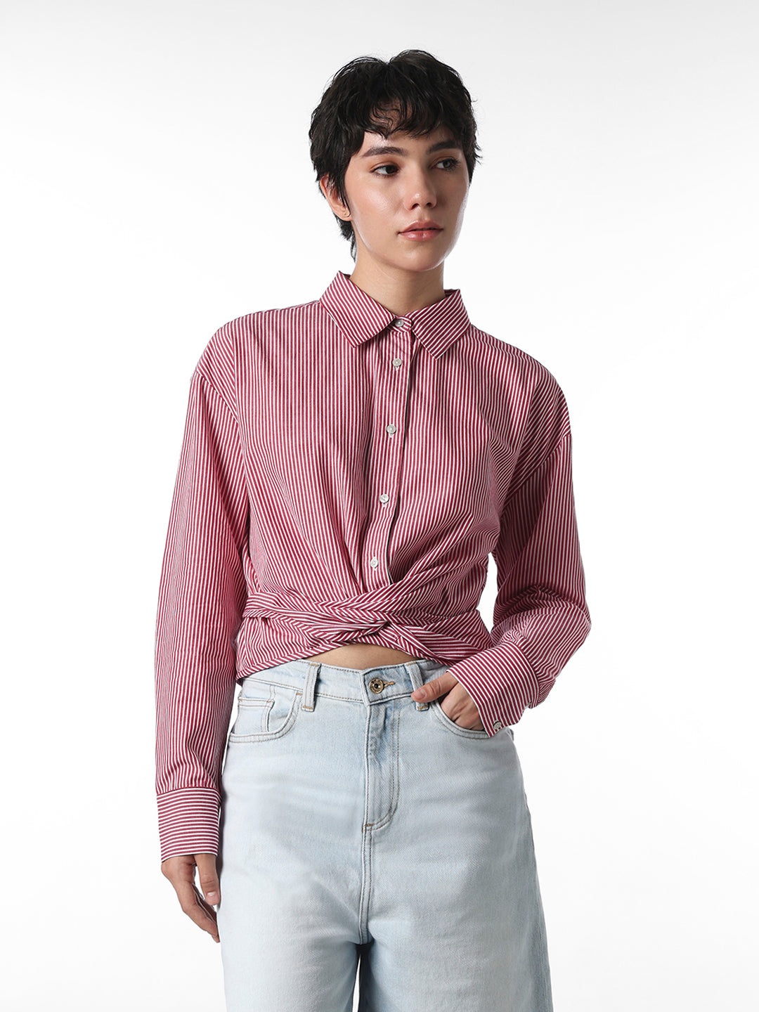 Maroon Front Twist Cotton Shirt
