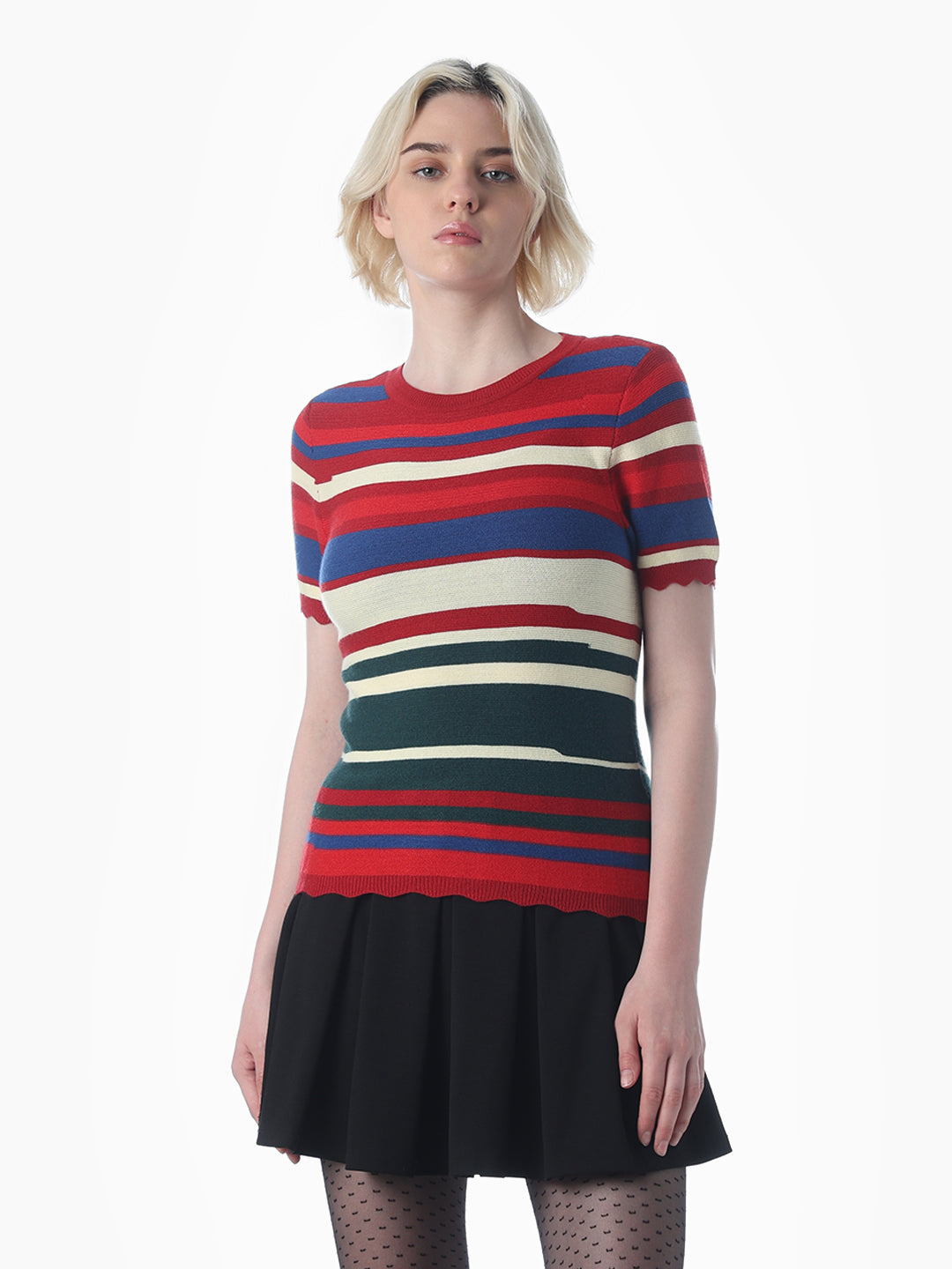 Red Colourblocked Fitted Knit Top