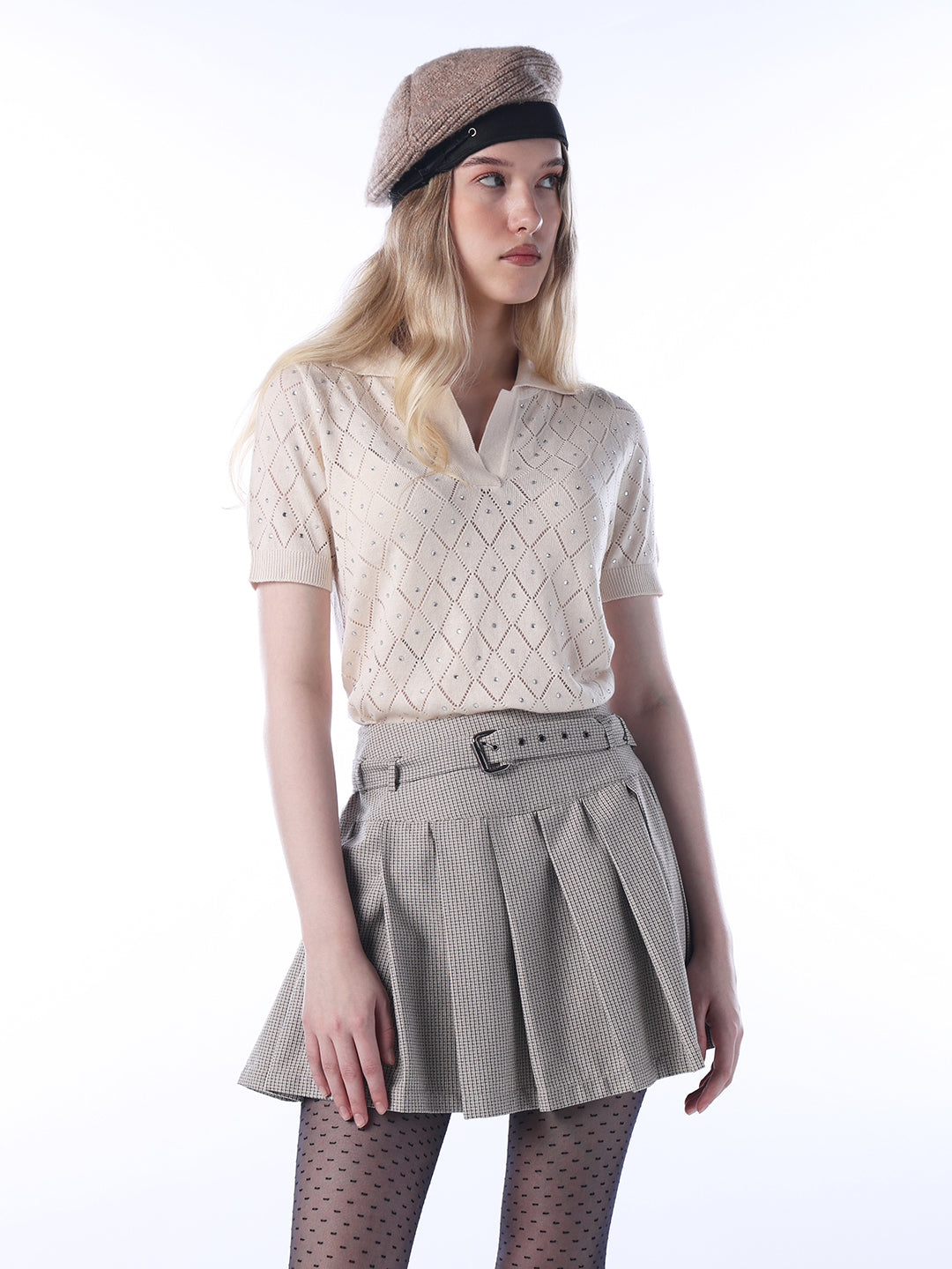 Rhinestone Detail Knit Polo - XS
