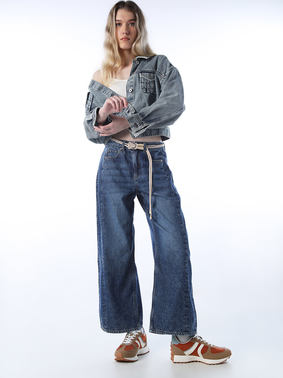 Drawstring Belted Wide Leg Jeans