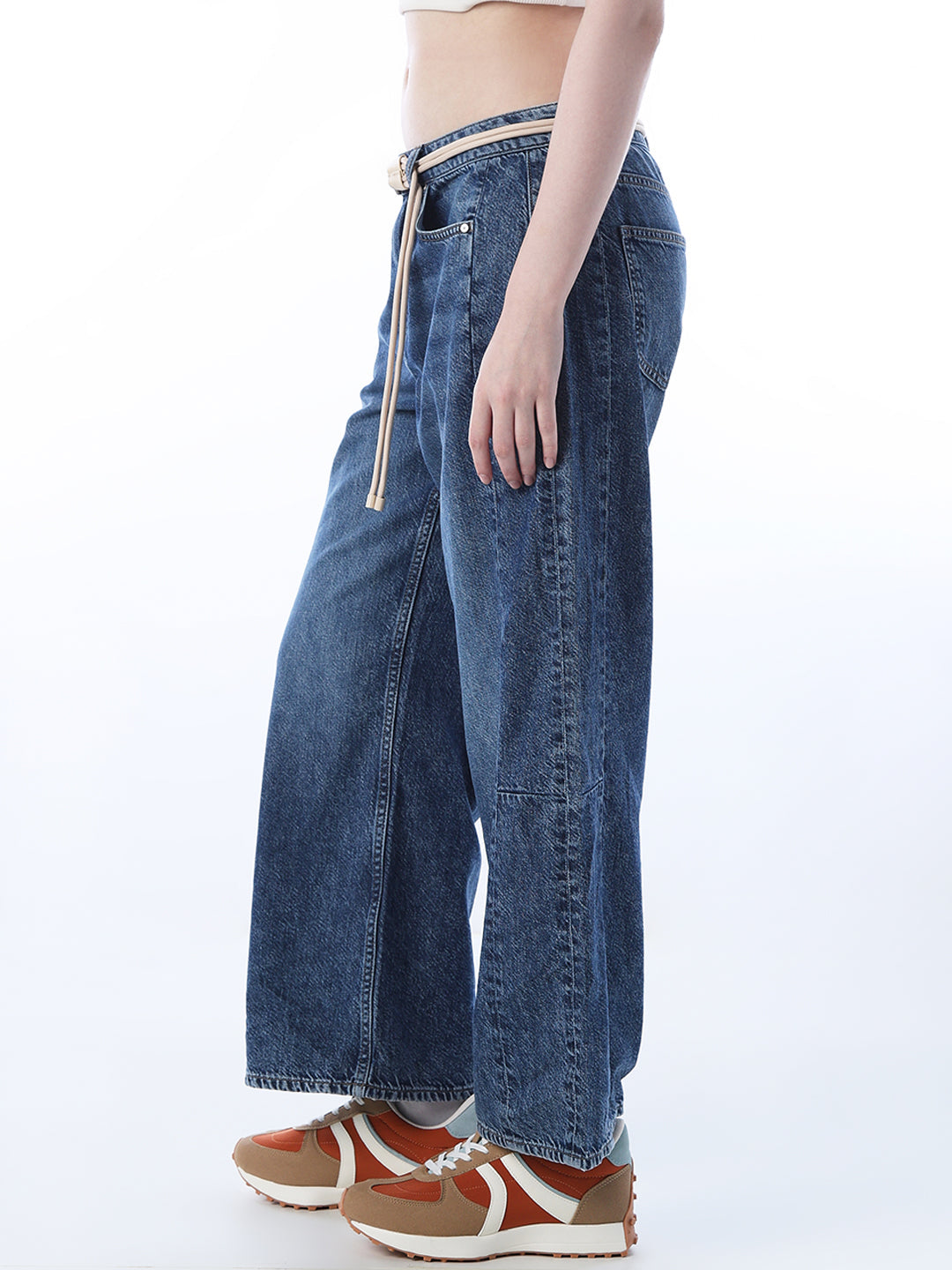 Drawstring Belted Wide Leg Jeans