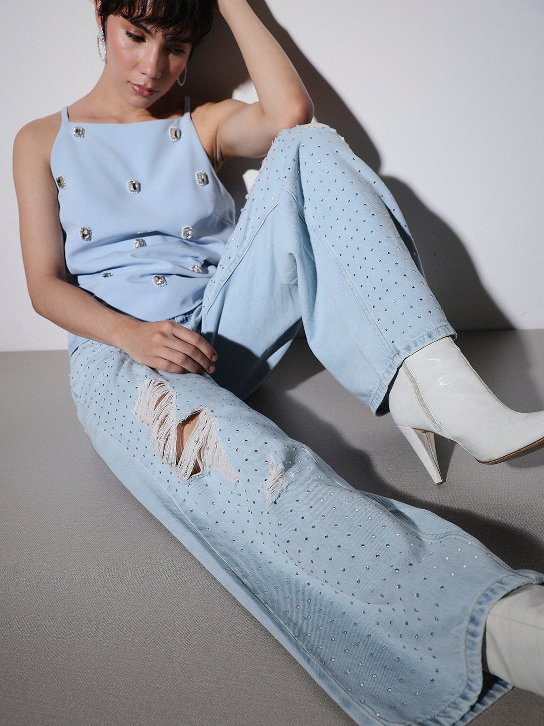 Stud Embellished Wide Leg Jeans