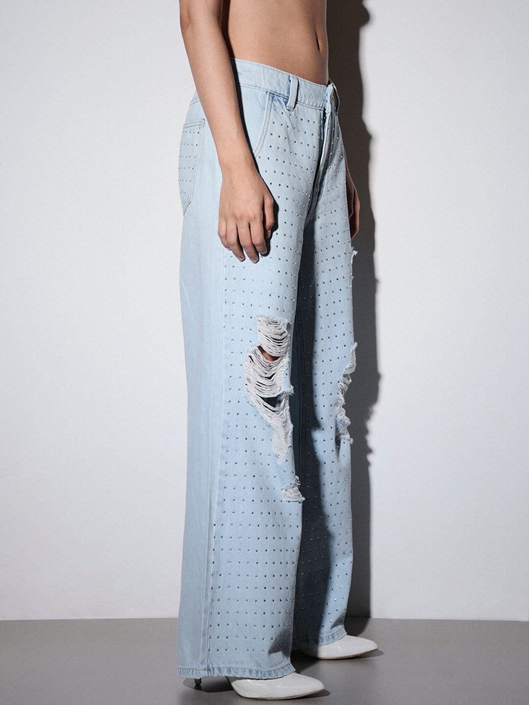 Stud Embellished Wide Leg Jeans