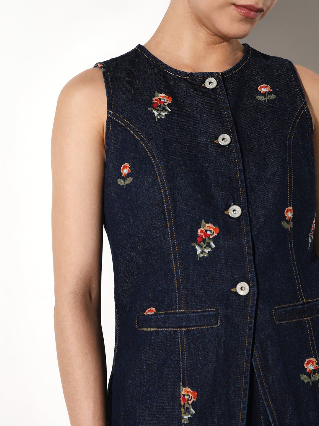 Denim Floral Waistcoat