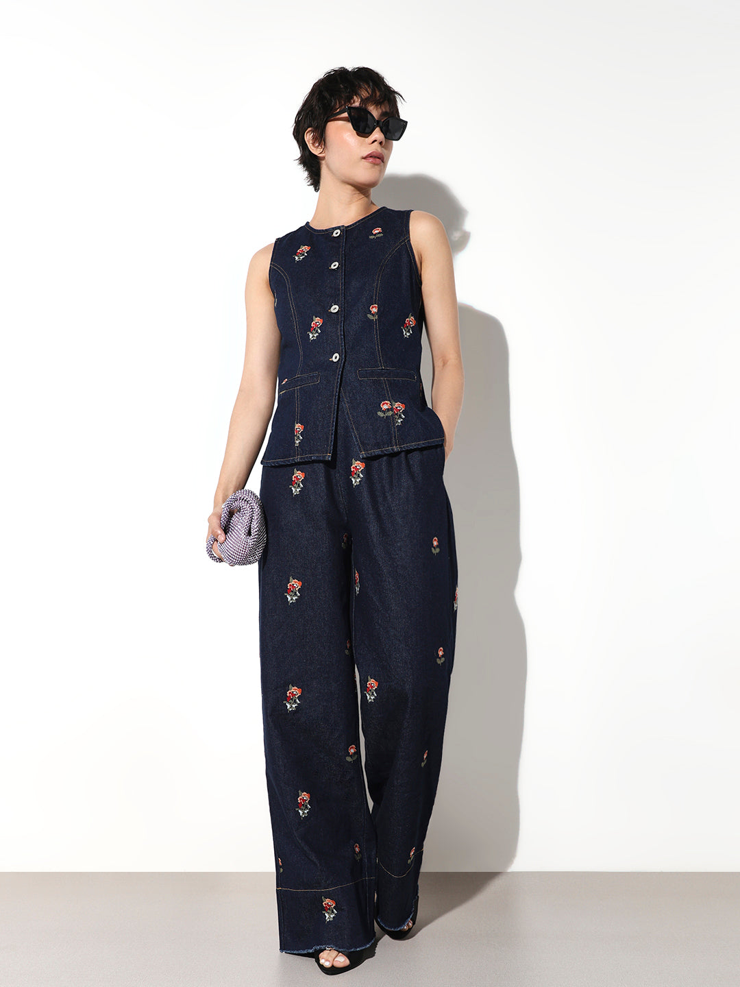 Floral Embroidered Wide Leg Jeans