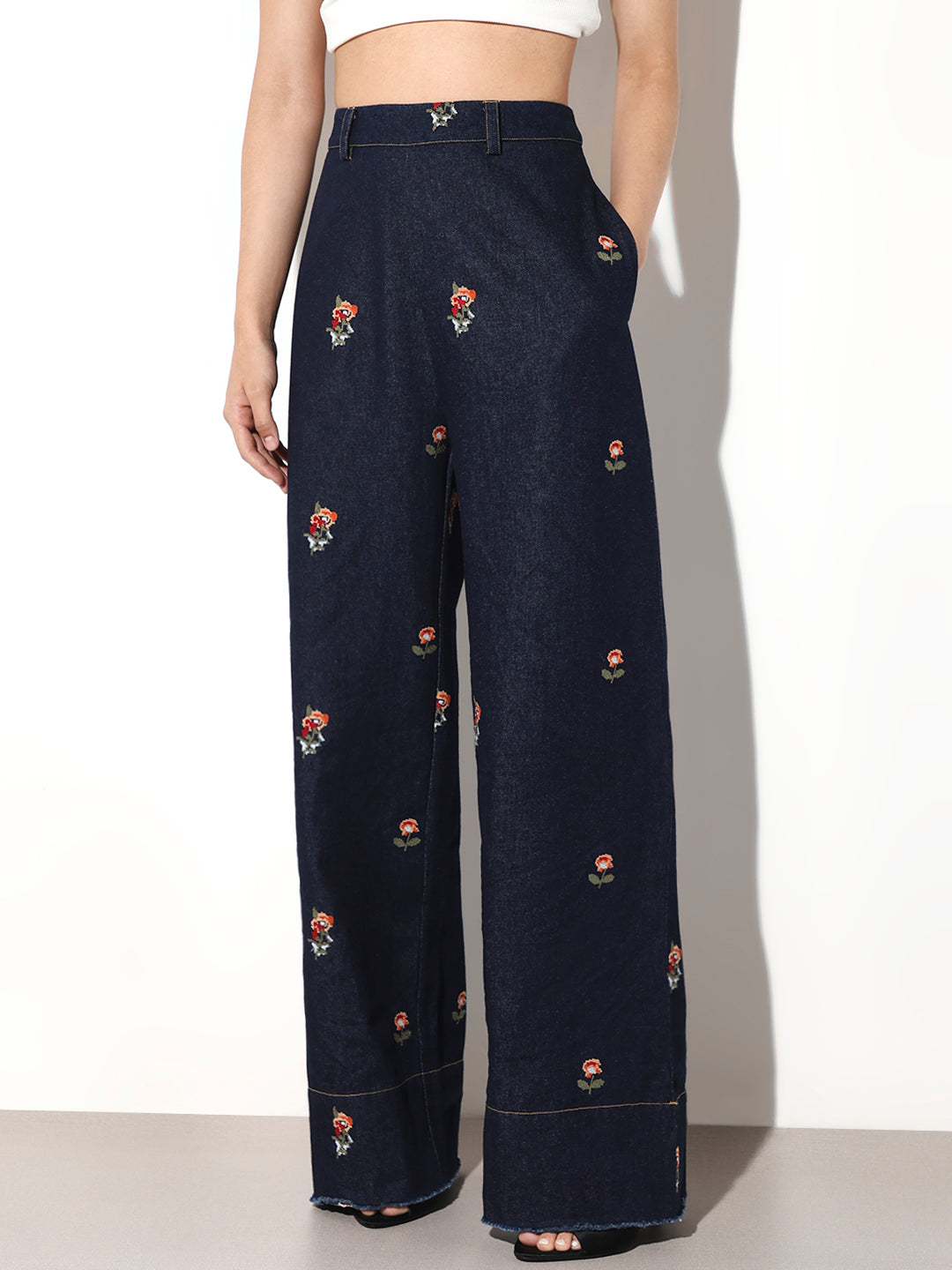 Floral Embroidered Wide Leg Jeans