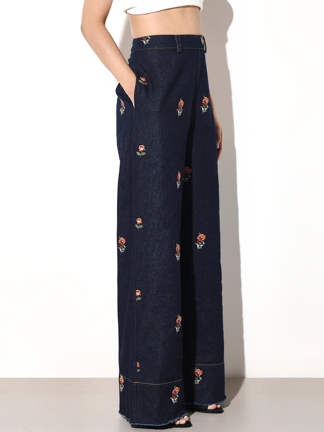 Floral Embroidered Wide Leg Jeans