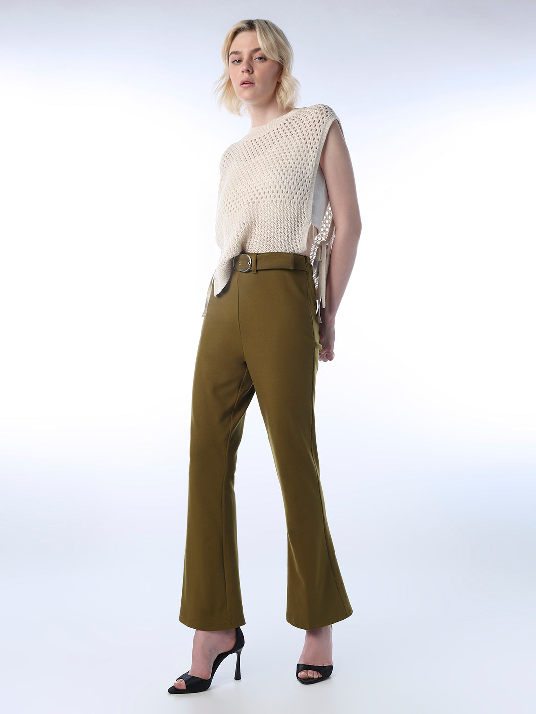 Belted Flared Pants - Green - 26