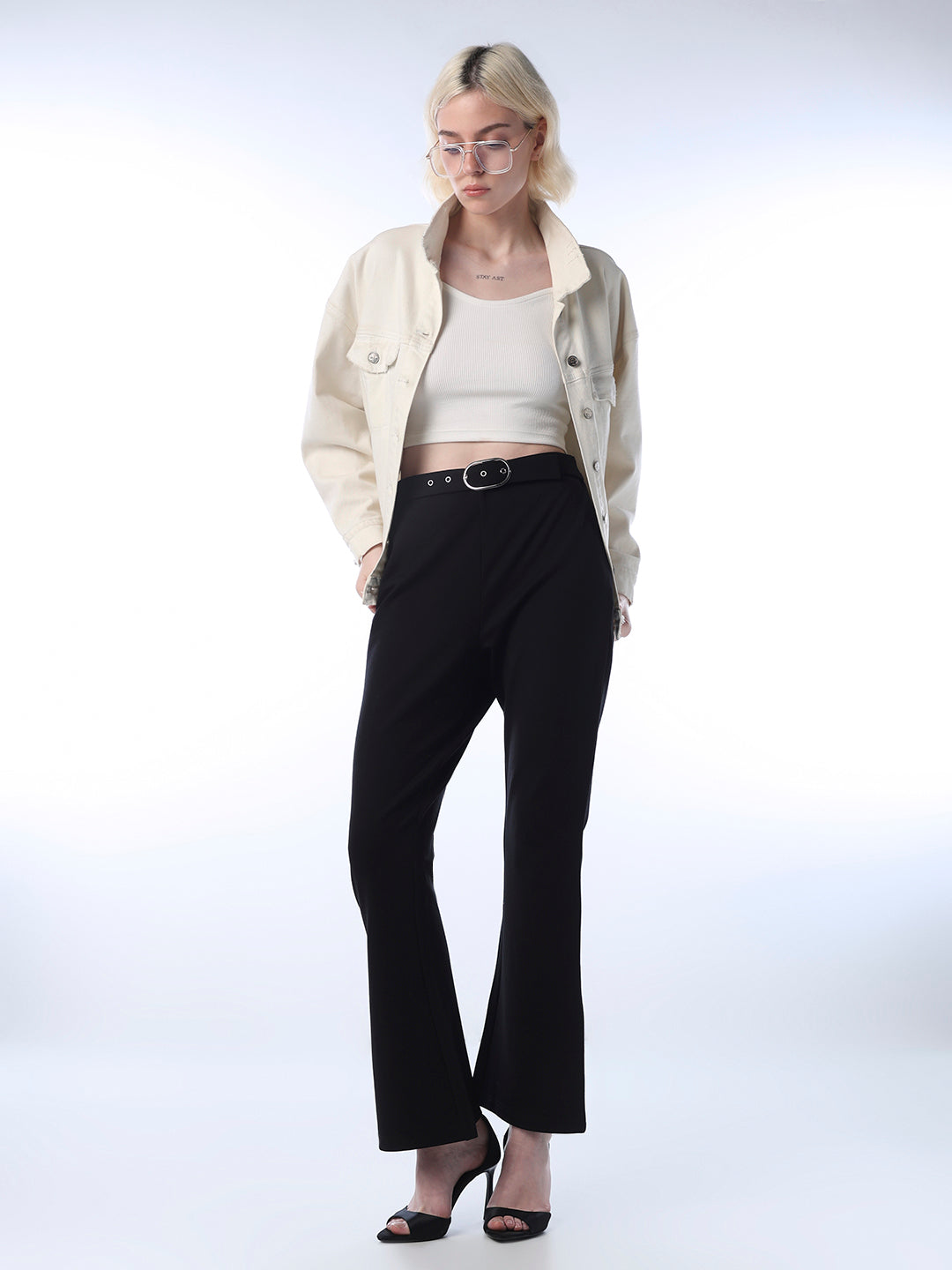 Belted Flared Pants - Black - 26
