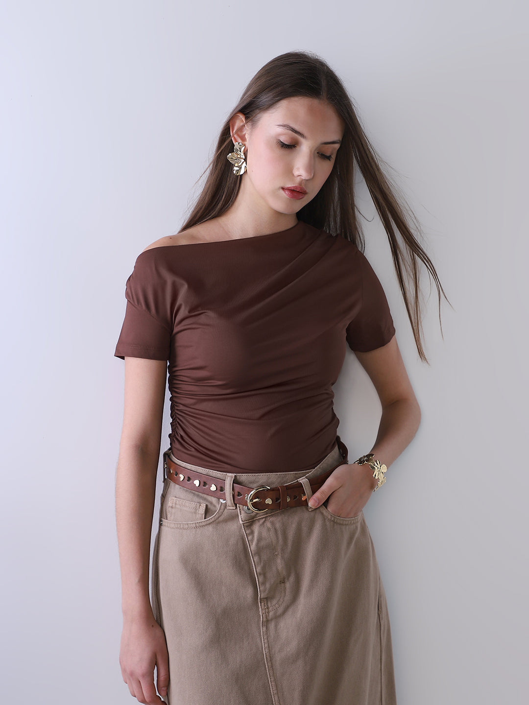  オフショル Track Top One Shoulder ONE-SHOULDER TOP | Brown | .OBJECT CI France
