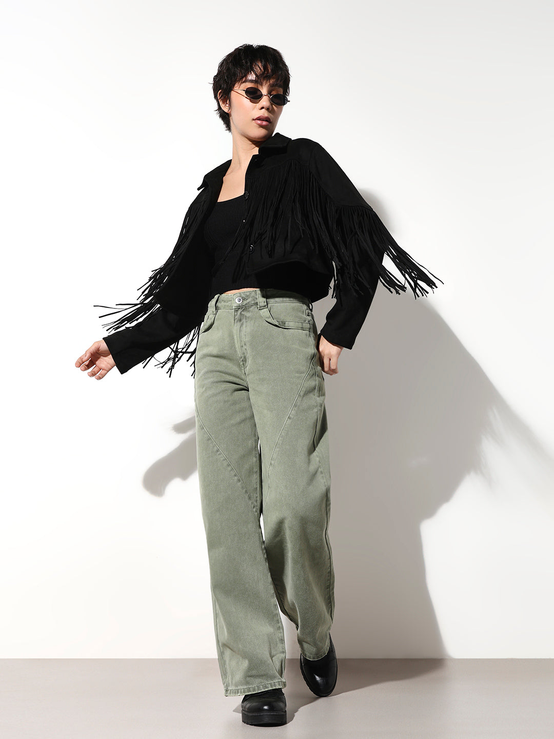 Green High Rise Wide Jeans