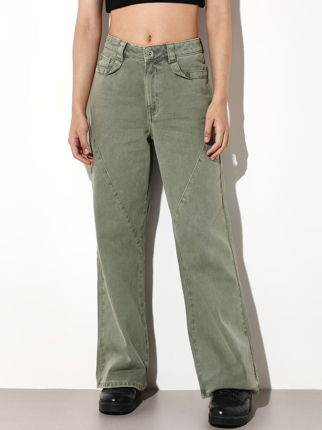 Green High Rise Wide Jeans
