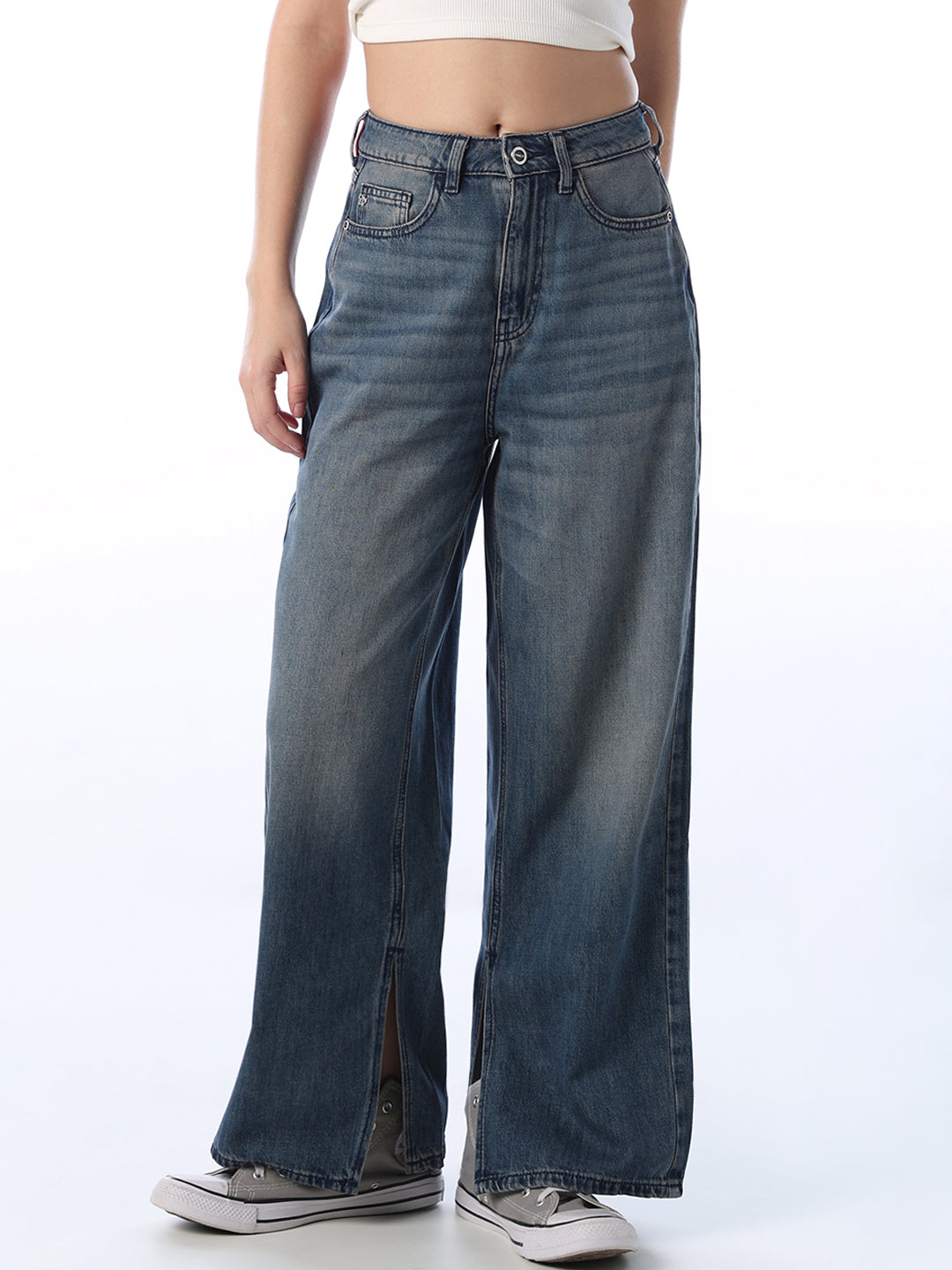 Slit Detail Wide Leg Jeans