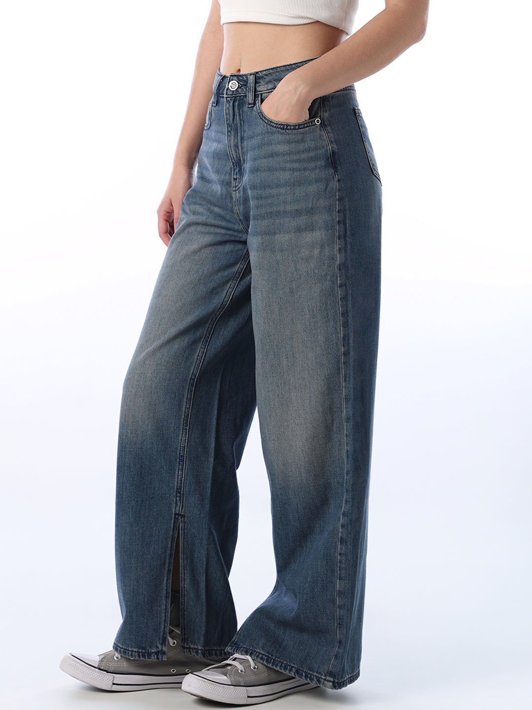 Slit Detail Wide Leg Jeans
