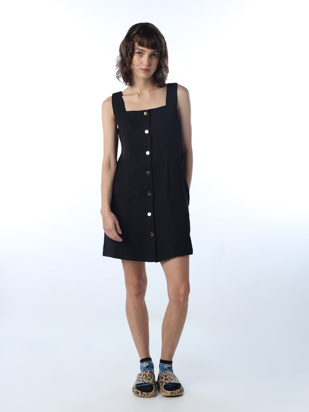 Square Neck Button Mini Dress
