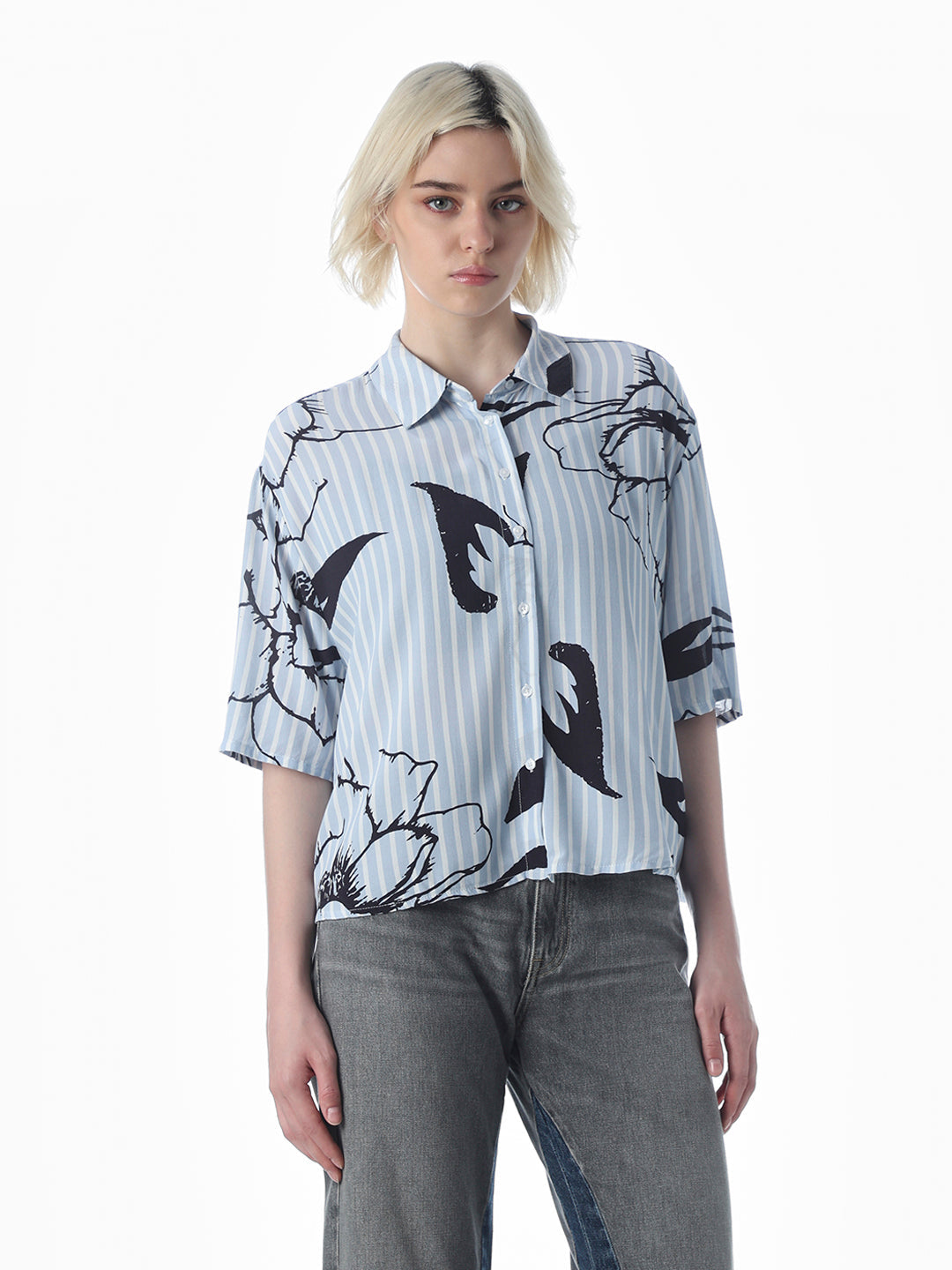 Blue Printed Cropped Shirt