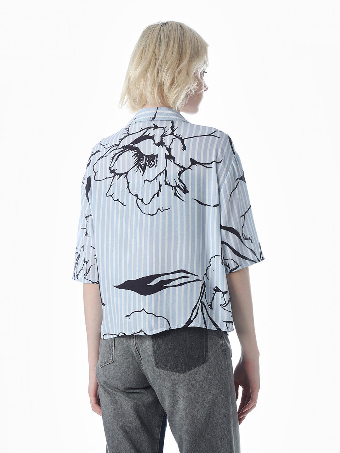 Blue Printed Cropped Shirt