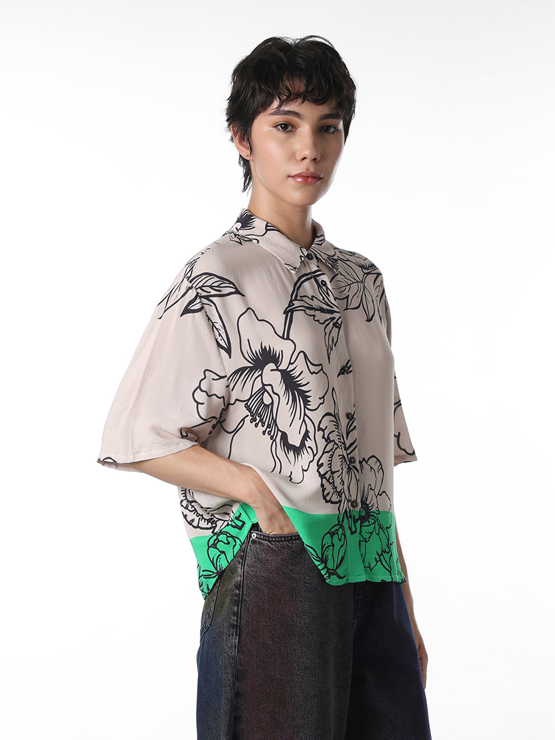 Beige Floral Cropped Shirt