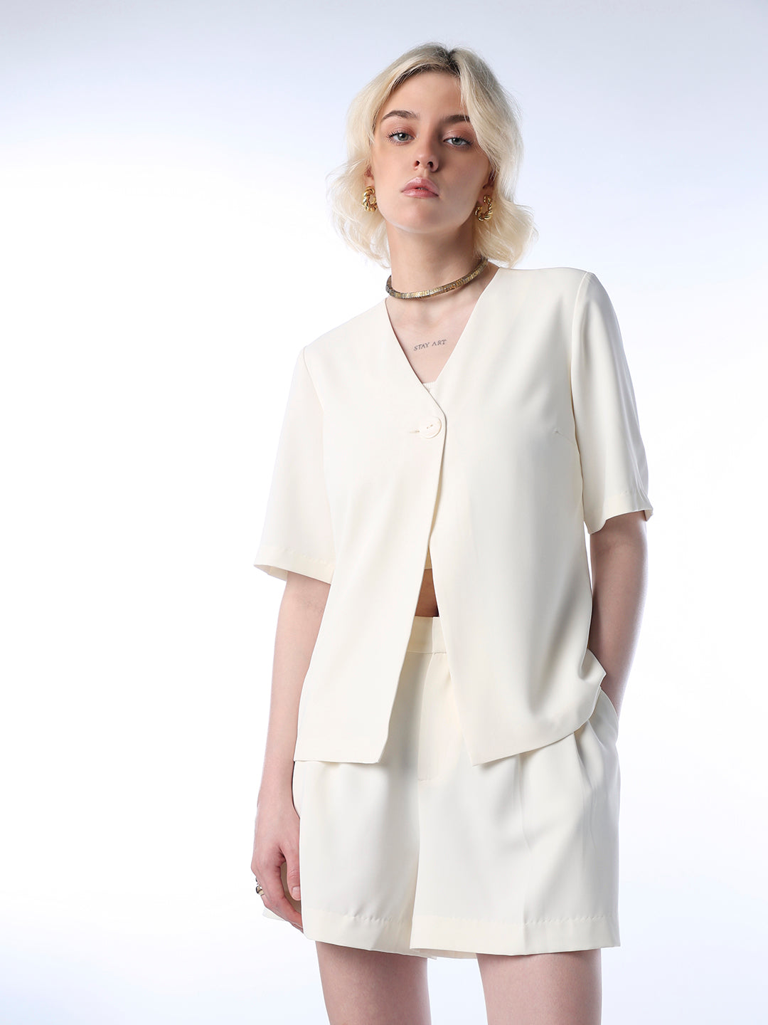 V-Neck Short Sleeves Shacket - XS