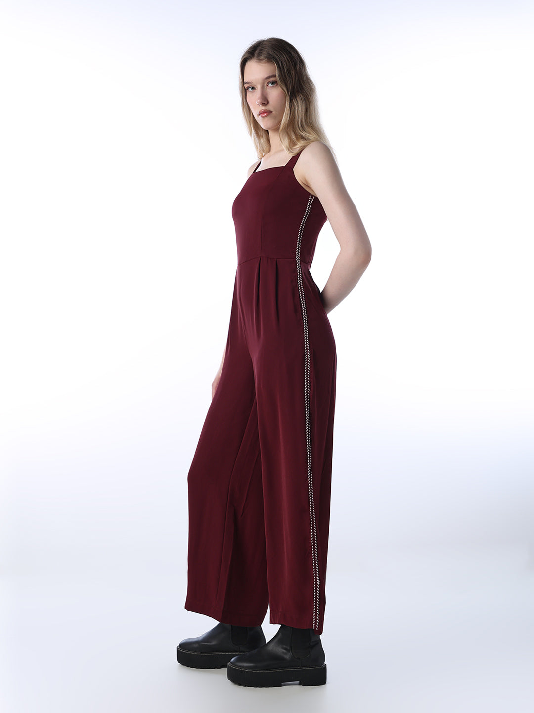 Maroon Contrast Side Tape Jumpsuit