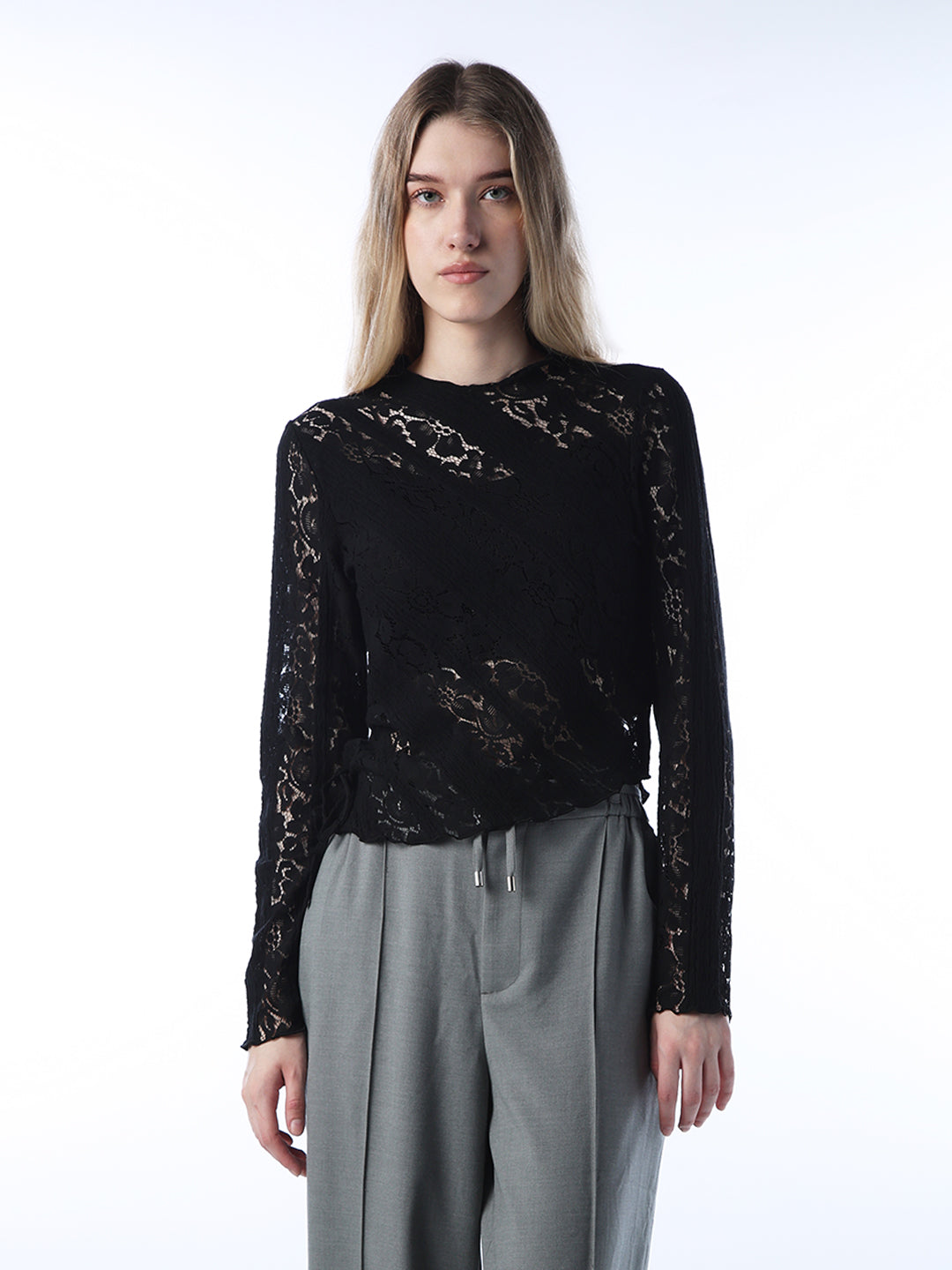 Mock-Neck Lace Top - Black