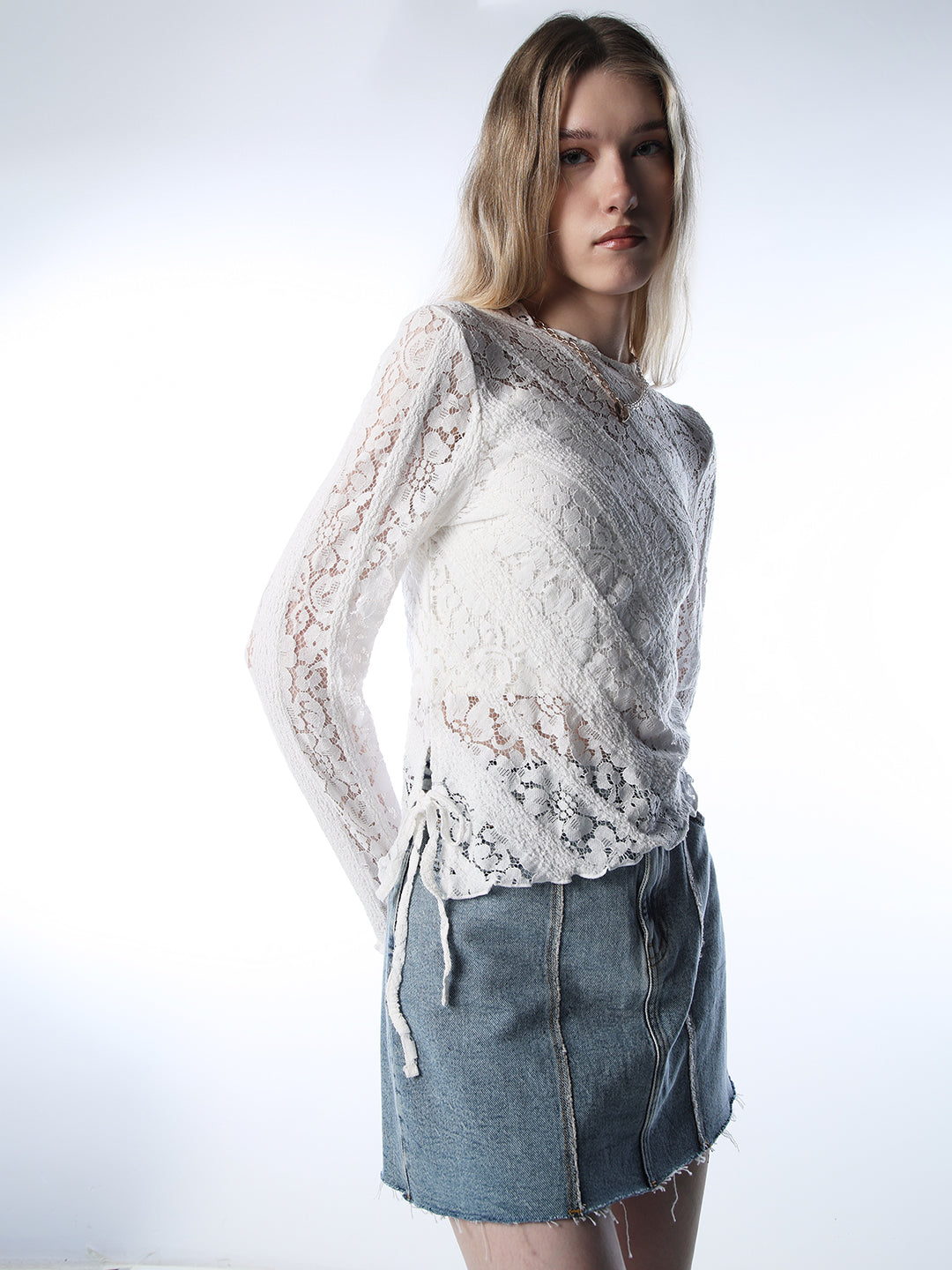 Mock-Neck Lace Top - White