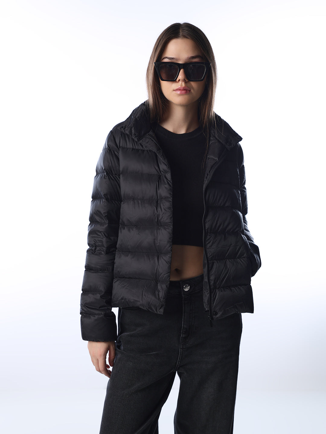 Quilted High Neck Puffer Jacket - Black