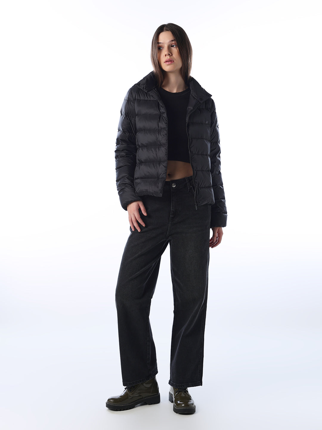 Quilted High Neck Puffer Jacket - Black
