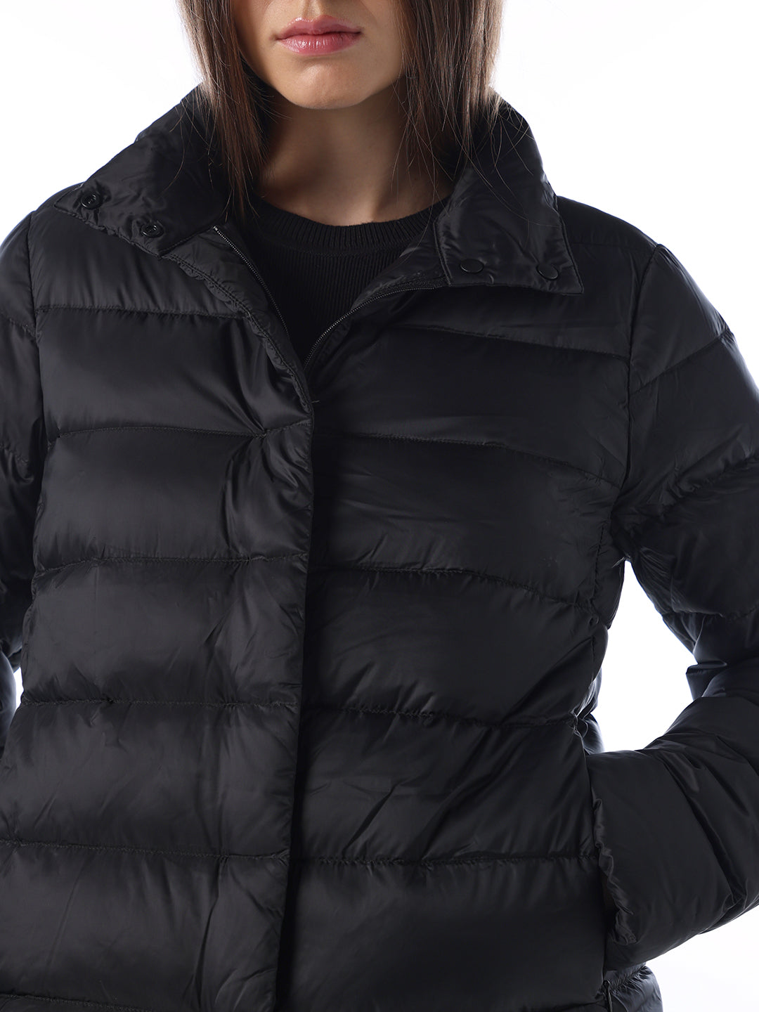 Quilted High Neck Puffer Jacket - Black