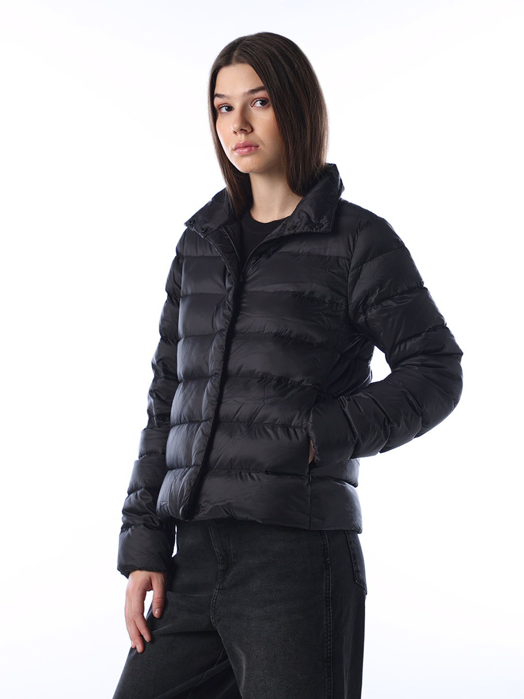 Quilted High Neck Puffer Jacket - Black