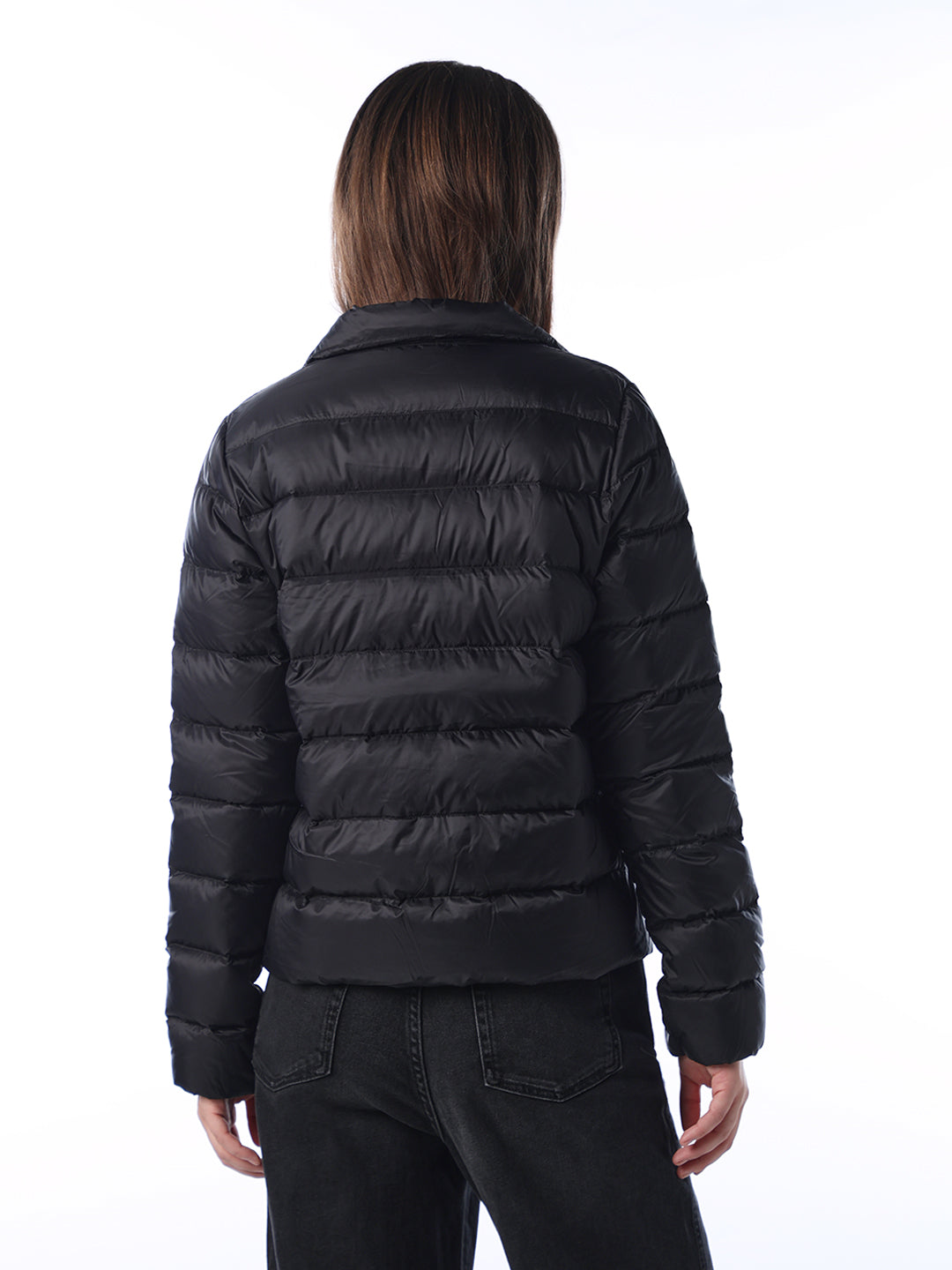 Quilted High Neck Puffer Jacket - Black
