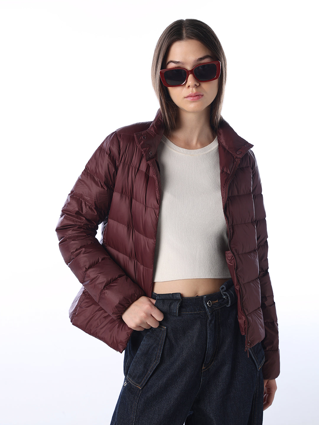 Quilted High Neck Puffer Jacket - Brown