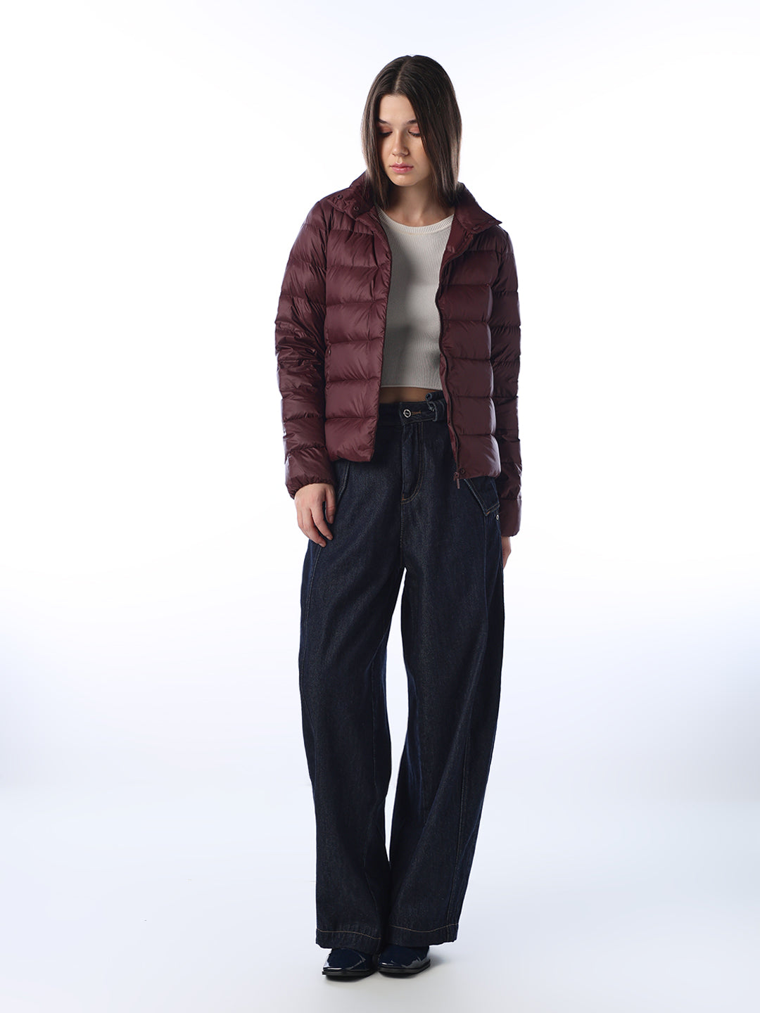 Quilted High Neck Puffer Jacket - Brown