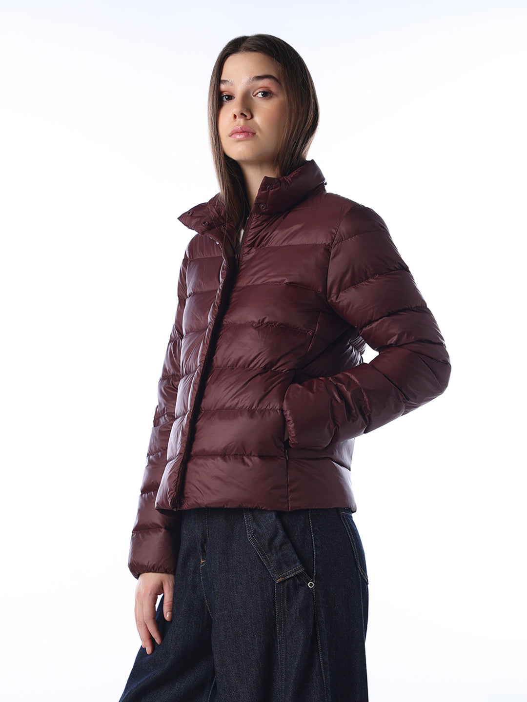 Quilted High Neck Puffer Jacket - Brown