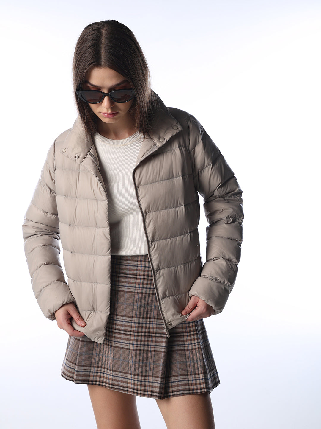 Quilted High Neck Puffer Jacket - Beige