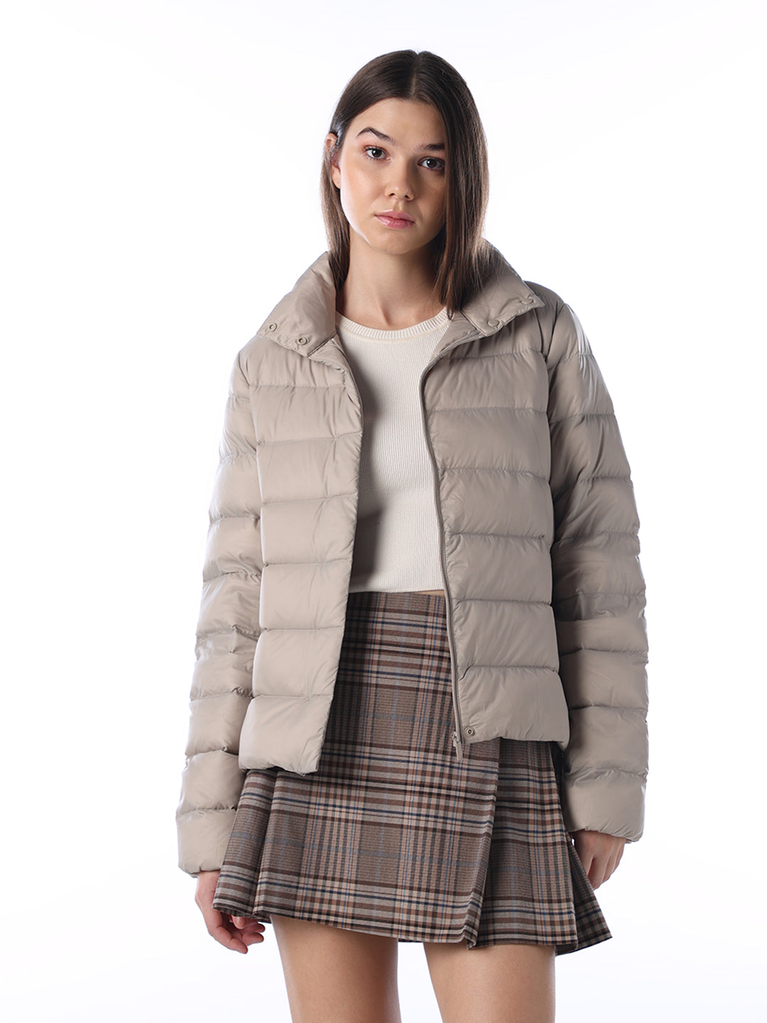 Quilted High Neck Puffer Jacket - Beige