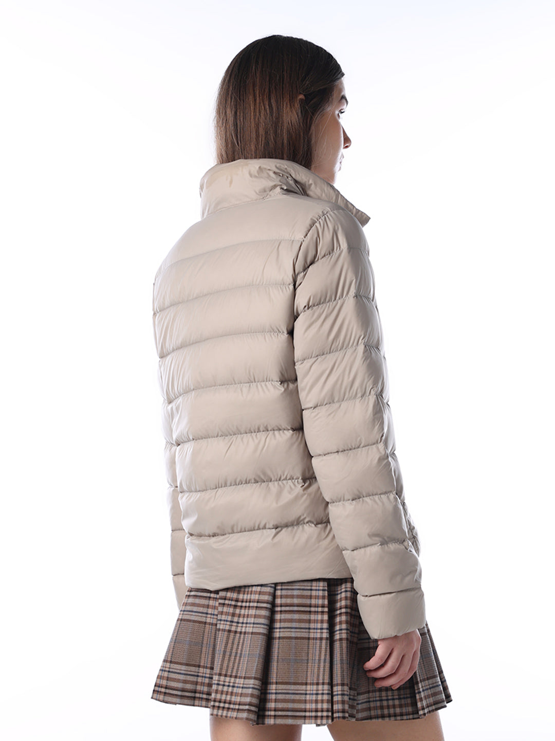 Quilted High Neck Puffer Jacket - Beige