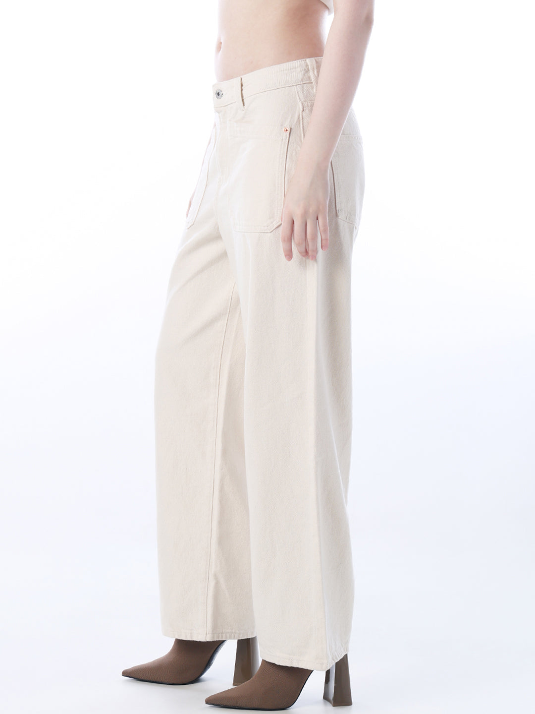 Ecru High Rise Wide Leg Jeans