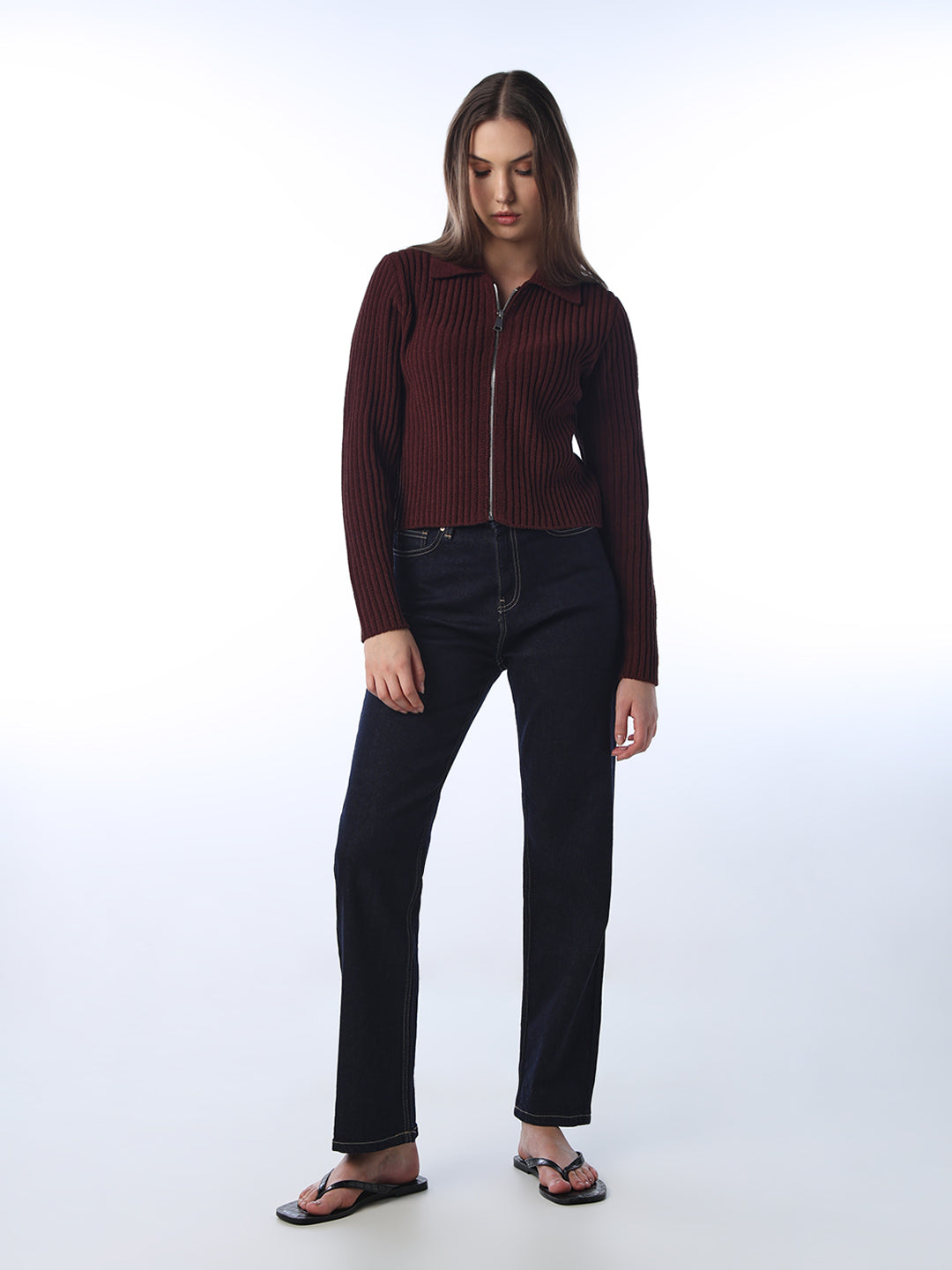 Ribbed Zip Polo Cardigan