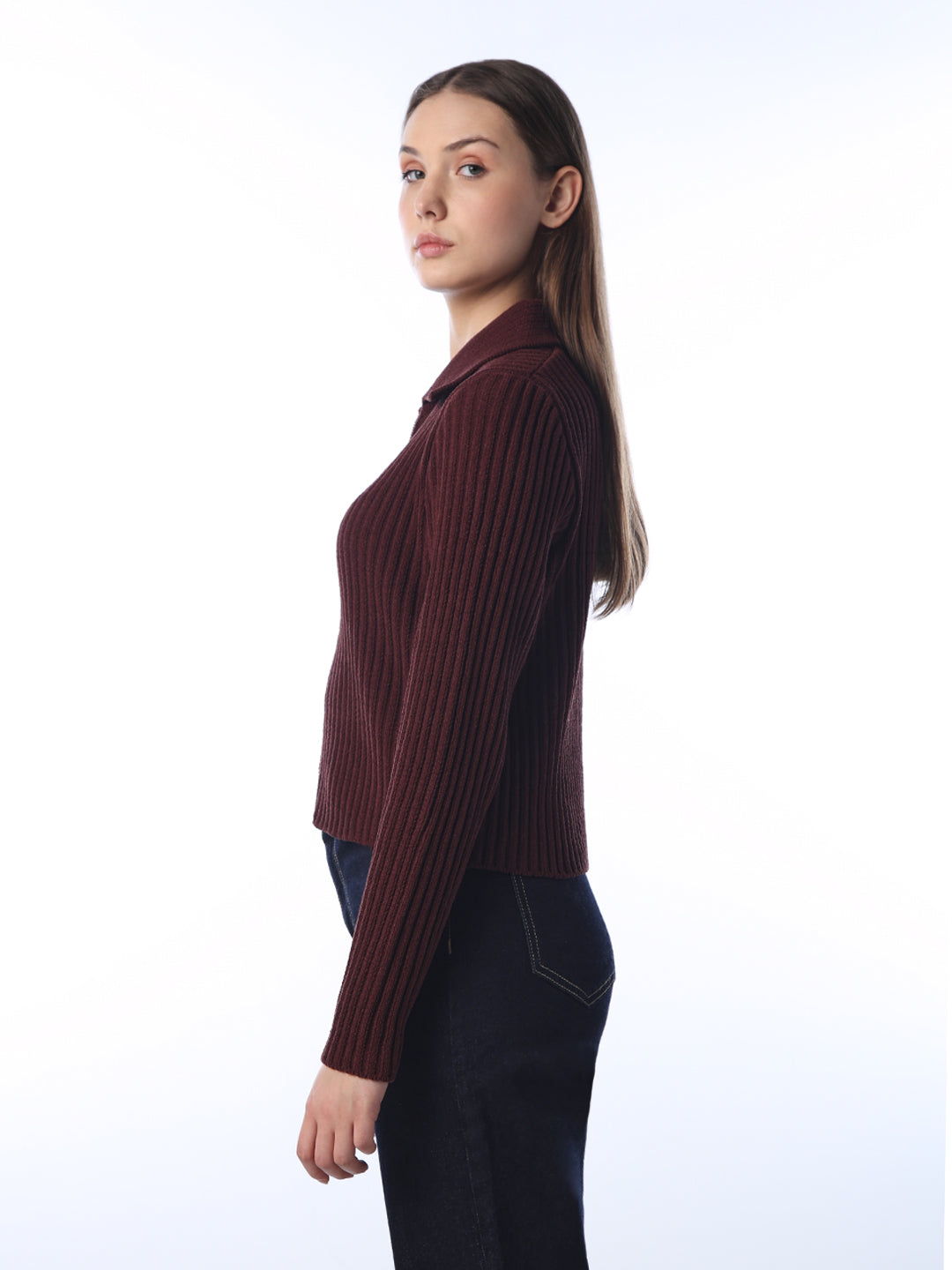 Ribbed Zip Polo Cardigan