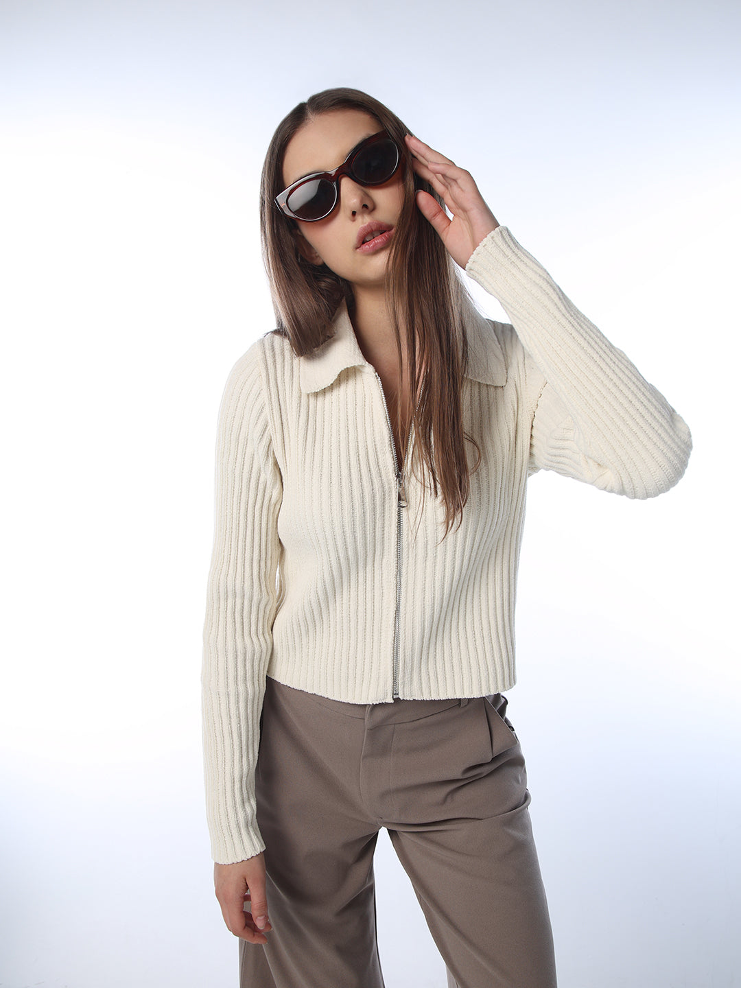 Ribbed Zip Polo Cardigan - Cream