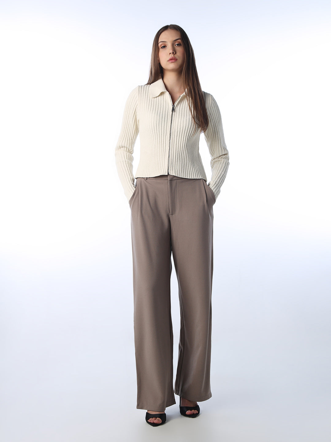 Ribbed Zip Polo Cardigan - Cream